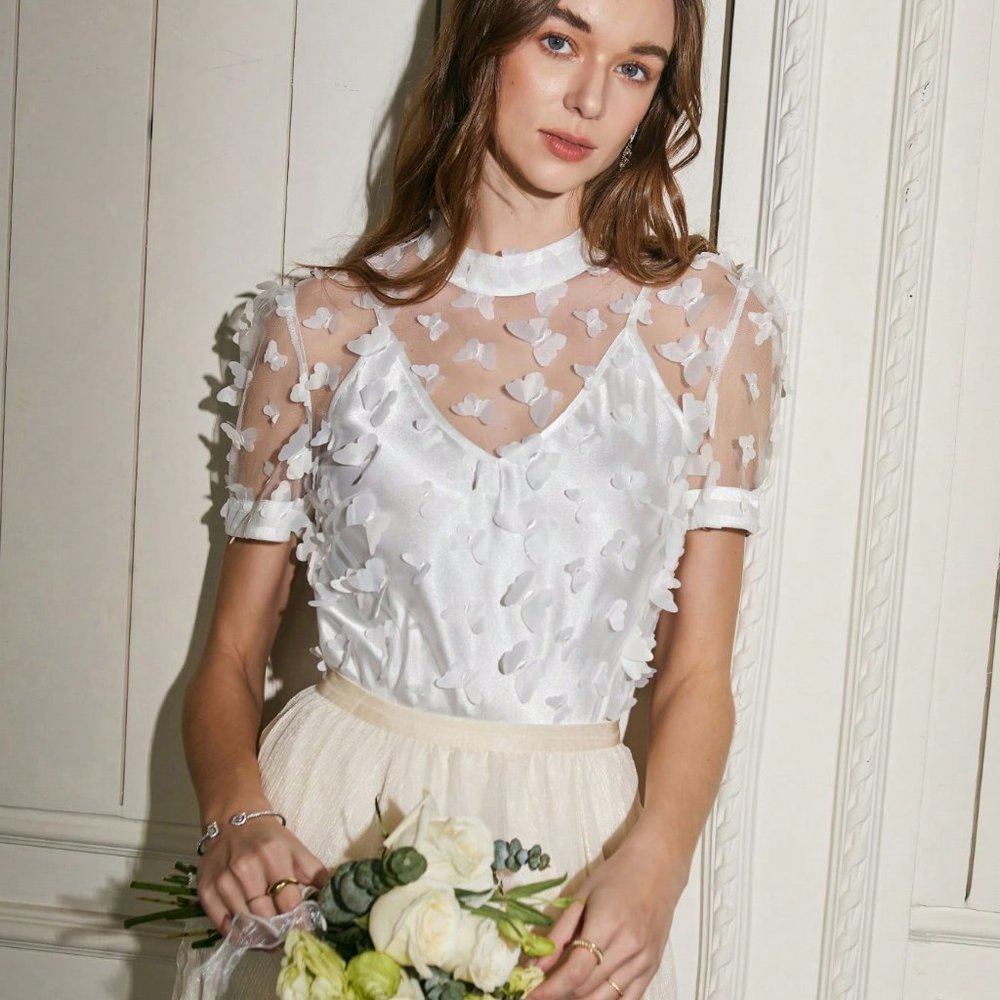 White Boho Womens Butterfly Applique Sheer Top - Picture 2 of 5